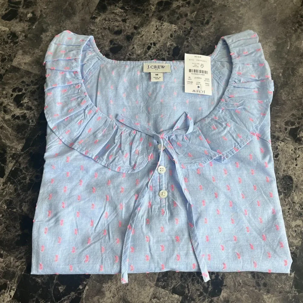 J Crew Cotton Printed Blue Top Women's Long-Sleeve Ruffle‎ Shirt Large Petite